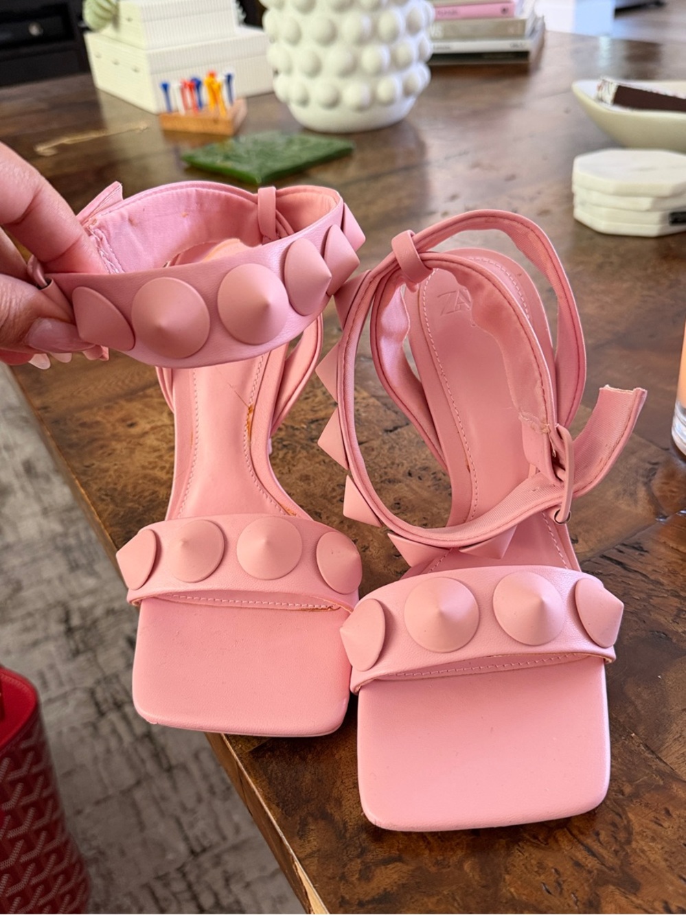 Pink Studded Ankle-Strap Heels - Women